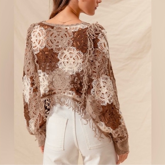NWT So Me, Boutique Brand Brown Multi Flower Crochet Sweater - Picture 4 of 9